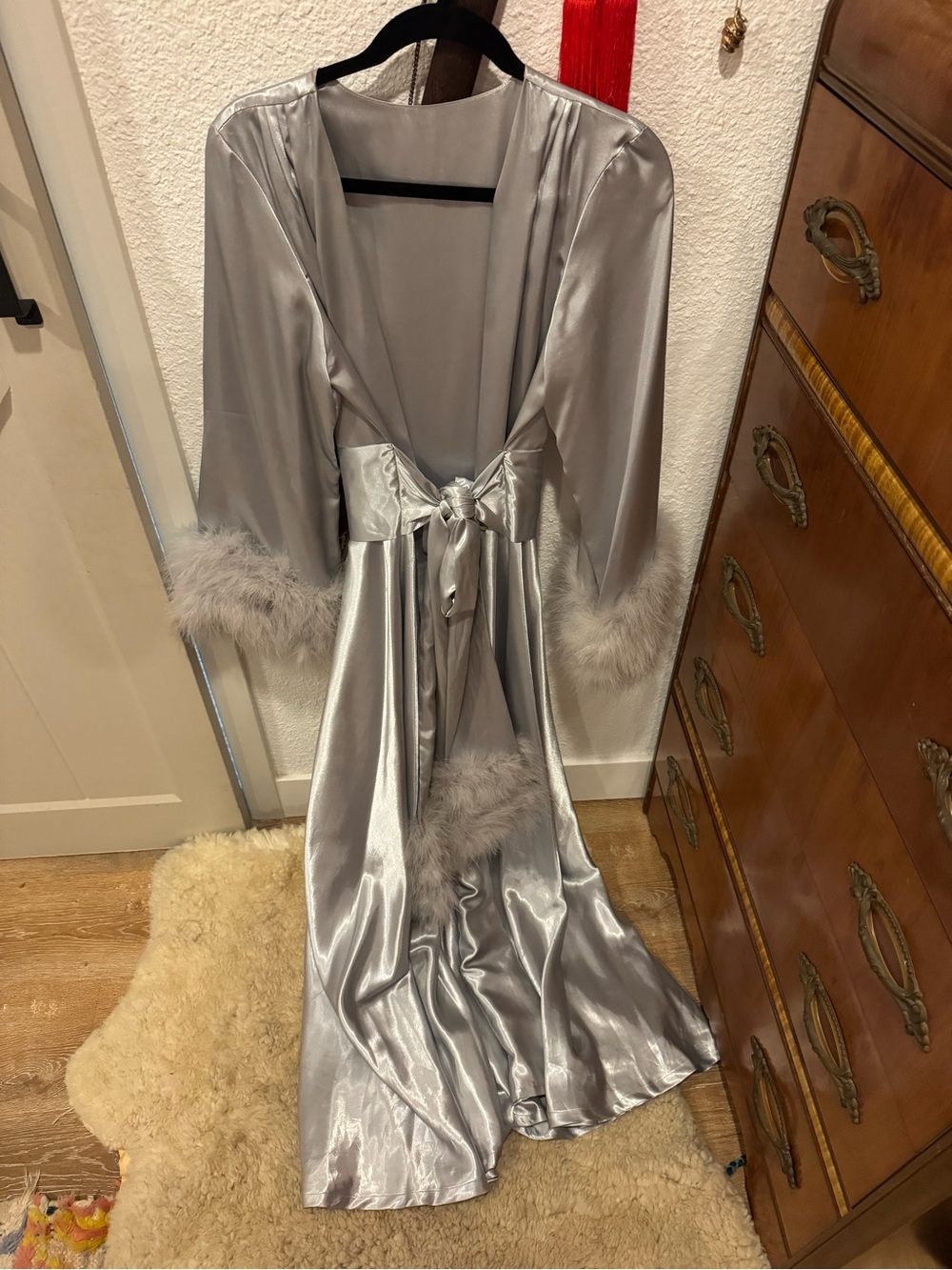Catherine D’Lish Silver Satin Robe with Feather Trim